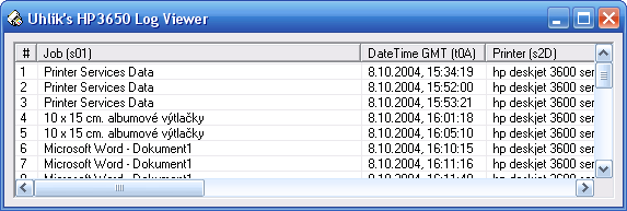 Hlavné okno programu s údajmi o tlačených dokumentoch.